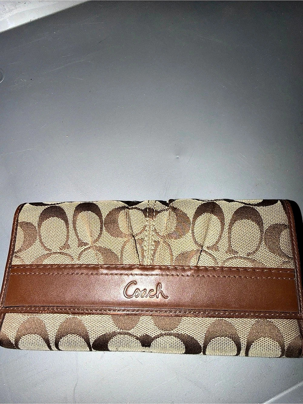 Coach Signature Pleated Checkbook Wallet Brown & Beige